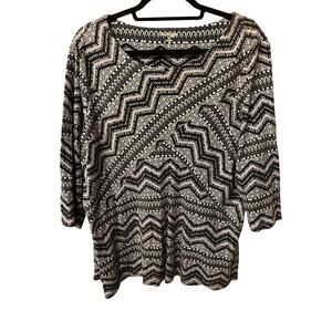 Kim Rogers Navy White Geometric Print Top 1X 100% Cotton Short Sleeve